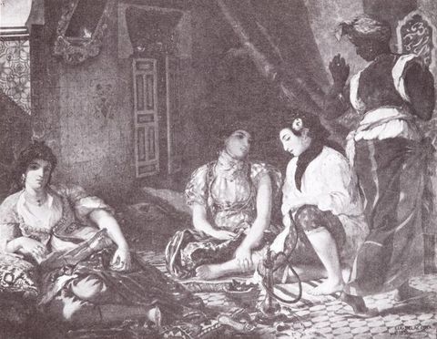 Illustration. Black and white reproduction of a painting shows three women sitting on a patterned floor around a hookah. A dark-skinned person walks away from the, to our right.