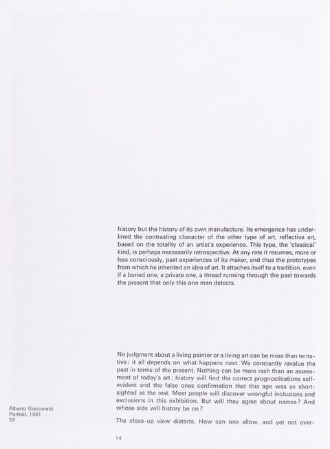Page from a book. Three paragraphs of text are widely spaced in the bottom half of this page. A caption in the lower left corner for an image on another page reads, “Robert Rauschenberg Windward, 1963 291”.