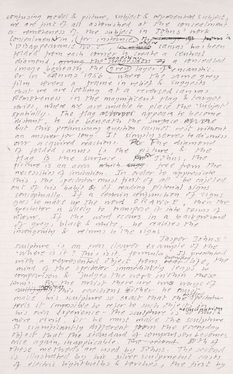 Handwritten document. Second of six pages drafting an article. Text is crossed out and revised in a few places.