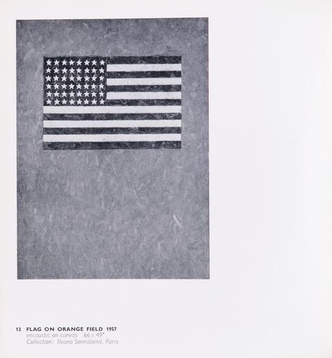 Page from a book. Black and white illustration of a painting of an American flag against a mid-tone grey background. The caption below reads, “13 Flag on Orange Field 1957 encaustic on canvas 66 x 49” Collection: Ileana Sonnabend, Paris”.