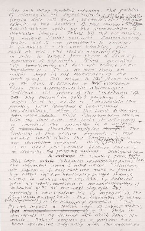 Handwritten document. Fourth of six pages drafting an article. Text is crossed out and revised in a few places.