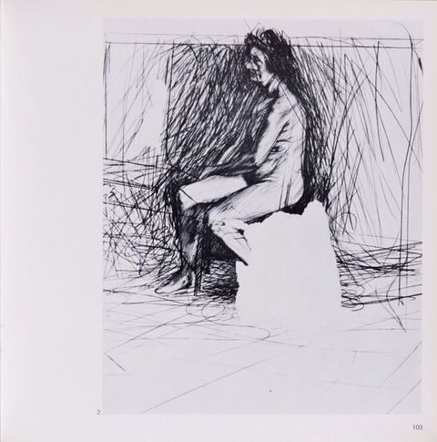 Page from a book. Black and white drawing done with bold, slashing lines is of a seated woman angled towards and looking off to our left. Her body is shaded with softer lines against the scrawled strokes around her.