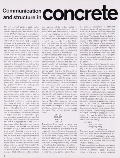 Page of a journal. First of two pages of an article. Three columns of text are broken up near the bottom of the second and third with short poems.